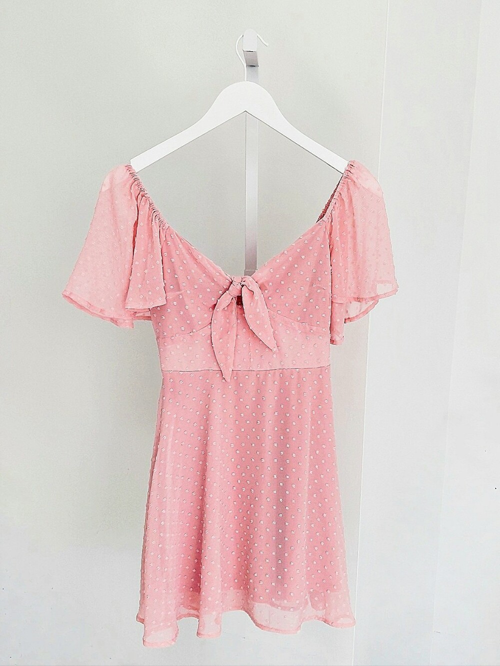 Francesca's Mi Ami Petal Tie-Front Clip Dot Mini Dress XS Pink Swiss Chiffon